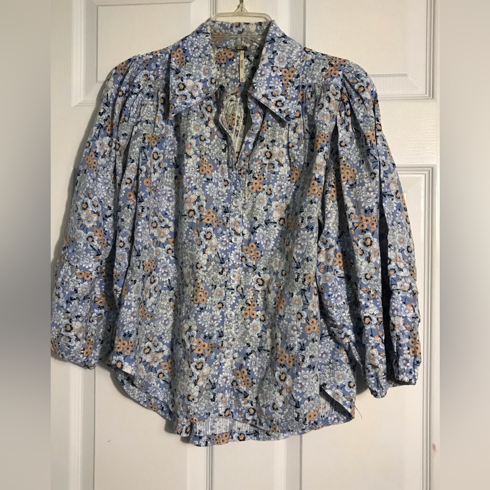 Free People Floral Blue Button-Up Women's Top XS - Picture 6 of 6